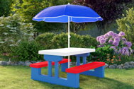 Kindersitzgruppe mit Sonnenschirm JASMIN, 67x78,5x42,5cm, blau/weiß/rot