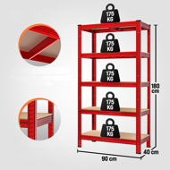 Hochlastregal HEAVY, max. 875 kg, 90×40×180 cm, rot