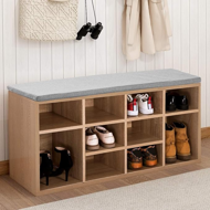 Schuhschrank mit gepolsterter Sitzbank GABI, 10 Fächer, 104x30x48 cm, hellbraun/grau