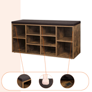 Schuhschrank mit gepolsterter Sitzbank GABI, 10 Fächer, 104x30x48 cm, dunkelbraun/schwarz