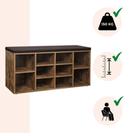 Schuhschrank mit gepolsterter Sitzbank GABI, 10 Fächer, 104x30x48 cm, dunkelbraun/schwarz