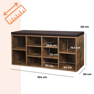 Schuhschrank mit gepolsterter Sitzbank GABI, 10 Fächer, 104x30x48 cm, dunkelbraun/schwarz