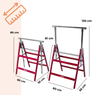 Teleskopische Gerüstböcke DANNY, 2er-Set, max. 200 kg, 60x56x81-130 cm, silber/rot