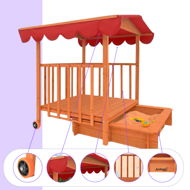 Sandkasten mit Veranda HARVY, 130x130x143 cm, braun/rot