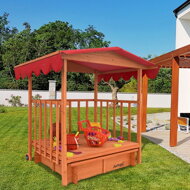 Sandkasten mit Veranda HARVY, 130x130x143 cm, braun/rot