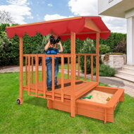 Sandkasten mit Veranda HARVY, 130x130x143 cm, braun/rot