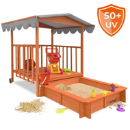 Sandkasten mit Veranda, 130x130x143cm, Kiefernholz, braun/grau