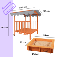 Sandkasten mit Veranda, 130x130x143cm, Kiefernholz, braun/grau