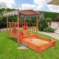 Sandkasten mit Veranda, 130x130x143cm, Kiefernholz, braun/grau