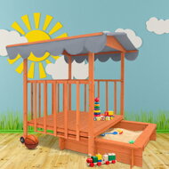 Sandkasten mit Veranda, 130x130x143cm, Kiefernholz, braun/grau
