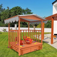 Sandkasten mit Veranda, 130x130x143cm, Kiefernholz, braun/grau