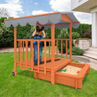 Sandkasten mit Veranda, 130x130x143cm, Kiefernholz, braun/grau