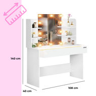 Schminktisch LUCIA mit Beleuchtung, 108x40x140 cm, weiß