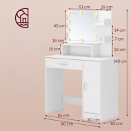 Schminktisch JOCELYN mit Beleuchtung, 140×90×40cm, weiß 