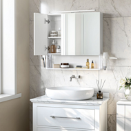 Badezimmerschrank mit Spiegel BEVERLY, mit Beleuchtung und höhenverstellbarem Einlegeboden, 14x70x70 cm, weiß