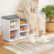 Schuhschrank mit gepolsterter Sitzbank GABI, 10 Fächer, 104x30x48 cm, weiß/grau
