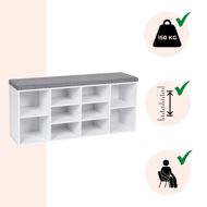 Schuhschrank mit gepolsterter Sitzbank GABI, 10 Fächer, 104x30x48 cm, weiß/grau