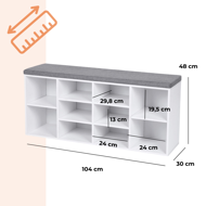 Schuhschrank mit gepolsterter Sitzbank GABI, 10 Fächer, 104x30x48 cm, weiß/grau