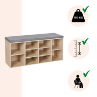 Schuhschrank mit gepolsterter Sitzbank GABI, 10 Fächer, 104x30x48 cm, hellbraun/grau
