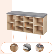 Schuhschrank mit gepolsterter Sitzbank GABI, 10 Fächer, 104x30x48 cm, hellbraun/grau