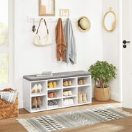 Schuhschrank mit gepolsterter Sitzbank GABI, 10 Fächer, 104x30x48 cm, weiß/grau