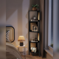 Eckregal ALMA, 5 Ablageflächen mit seitlichen Rattan-Paneelen, 156x32 cm, schwarz/beige