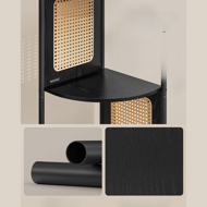 Eckregal ALMA, 5 Ablageflächen mit seitlichen Rattan-Paneelen, 156x32 cm, schwarz/beige