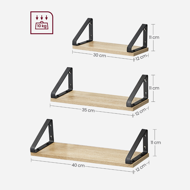 Wandregale ABBY, 3 Stück, 30/35/40x12 cm, schwarz/hellbraun