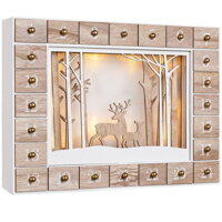 Holz-Adventskalender WINTERWALD mit Beleuchtung, 35x6x27cm, weiß/braun