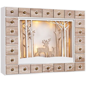 Holz-Adventskalender WINTERWALD mit Beleuchtung, 35x6x27cm, weiß/braun