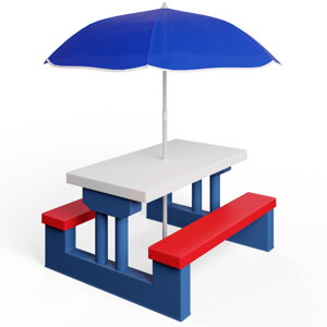 Kindersitzgruppe mit Sonnenschirm JASMIN, 67x78,5x42,5cm, blau/weiß/rot