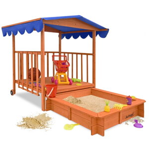 Sandkasten mit Veranda HAPPY, 130x130x143 cm, braun/blau