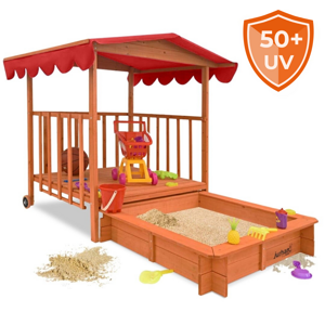 Sandkasten mit Veranda HARVY, 130x130x143 cm, braun/rot