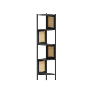 Eckregal ALMA, 5 Ablageflächen mit seitlichen Rattan-Paneelen, 156x32 cm, schwarz/beige