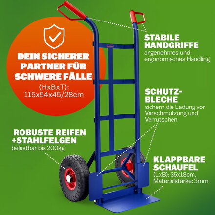 Klappbare Sackkarre CART mit Luftreifen, max. 200 kg, blau