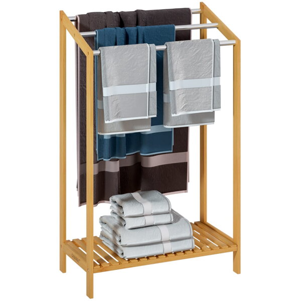 Bambus-Handtuchständer RUBBY mit Metallstangen und Ablage, 51x31x85 cm, braun/silber