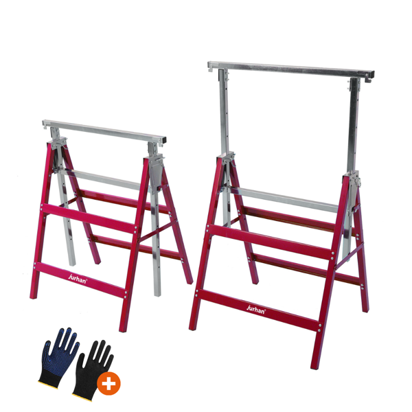 Teleskopische Gerüstböcke DANNY, 2er-Set, max. 200 kg, 60x56x81-130 cm, silber/rot