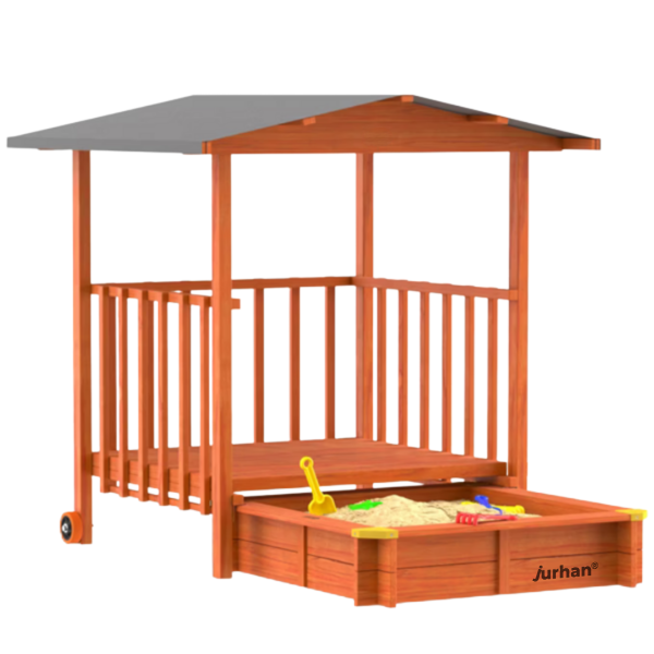 Sandkasten mit Veranda SUNNY, 130x130x143cm, braun/grau
