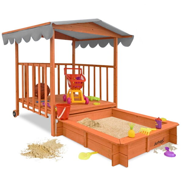 Sandkasten mit Veranda HAPPY, 130x130x143cm, Kiefernholz, braun/grau