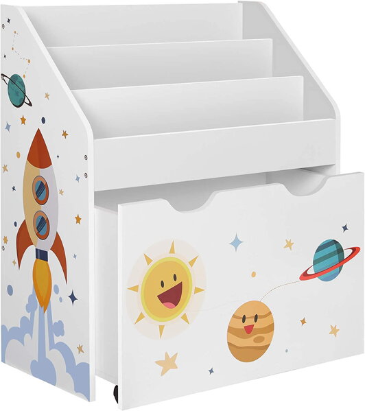 Spielzeug- und Bücherregal VESMÍR, 62,5x29,5x70 cm, weiß mit Aufklebern