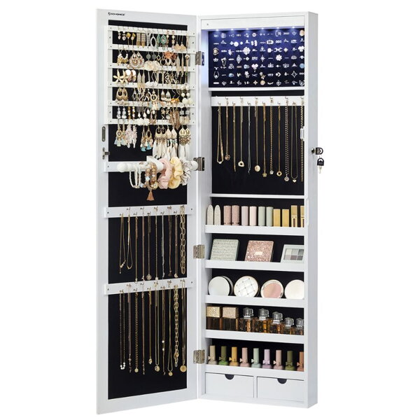 Wand-Schmuckschrank mit Spiegel JEWELIA mit LED-Beleuchtung, 10x37x120 cm, weiß
