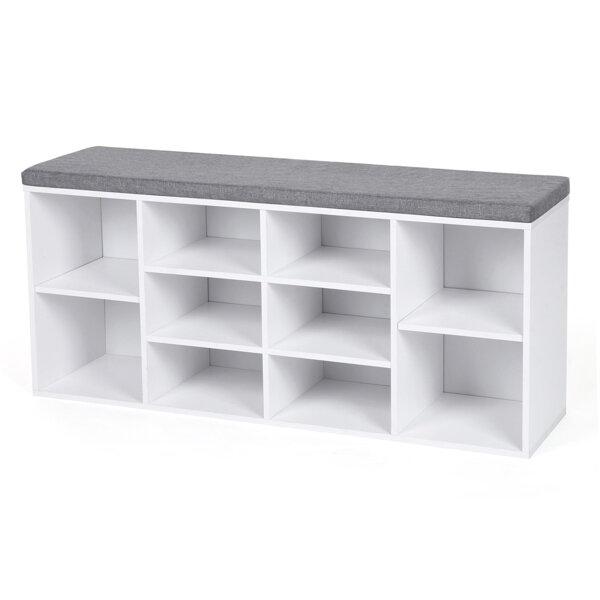 Schuhschrank mit gepolsterter Sitzbank GABI, 10 Fächer, 104x30x48 cm, weiß/grau