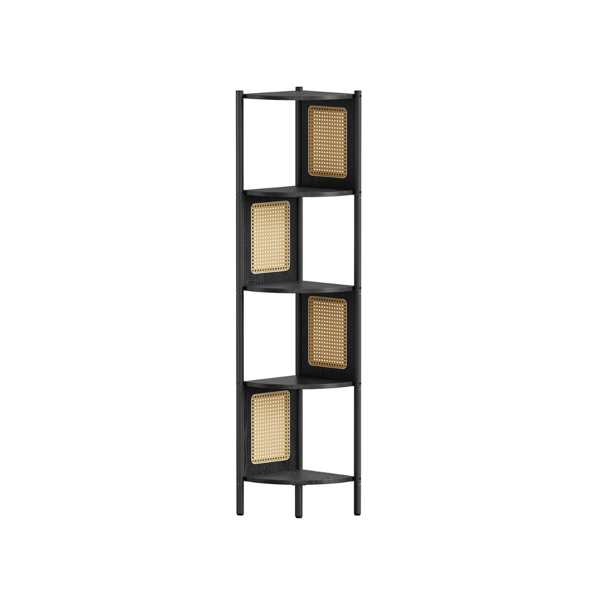 Eckregal ALMA, 5 Ablageflächen mit seitlichen Rattan-Paneelen, 156x32 cm, schwarz/beige